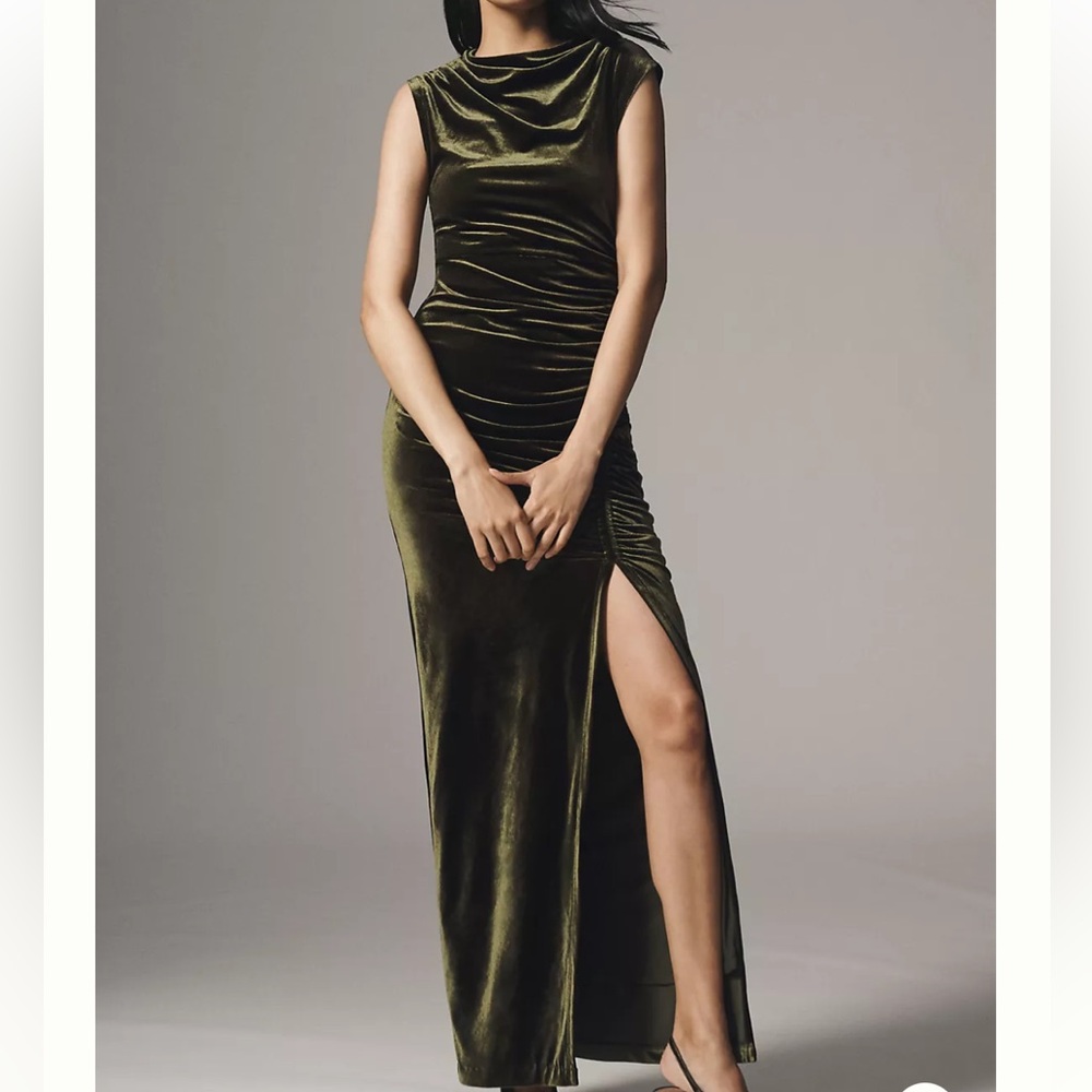NWT BHLDN X Anthropologie High-Neck Green (Slate) Velvet Maxi Dress.